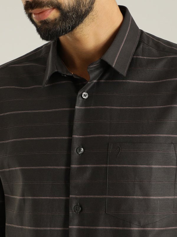 Indian Terrain Men's Slim Fit Full Sleeve Striped Black Shirt